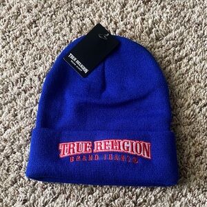 True Religion Cobalt Beanie with Red Logo Embroidery